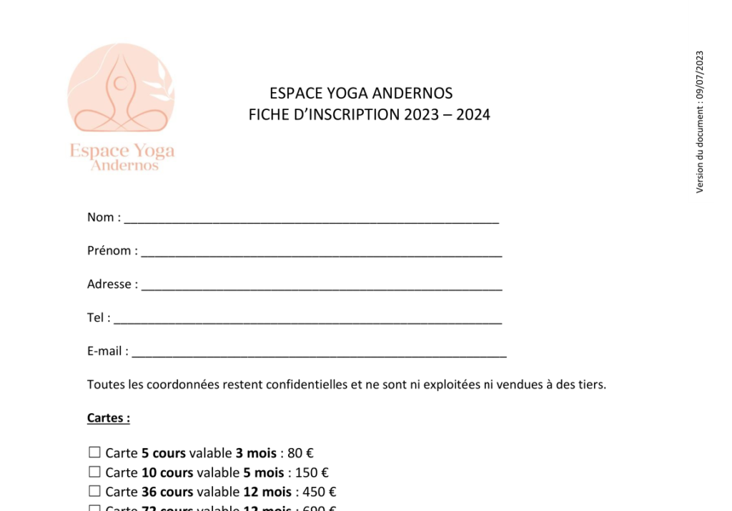 Fiche inscription et Tarifs cours de yoga 2023