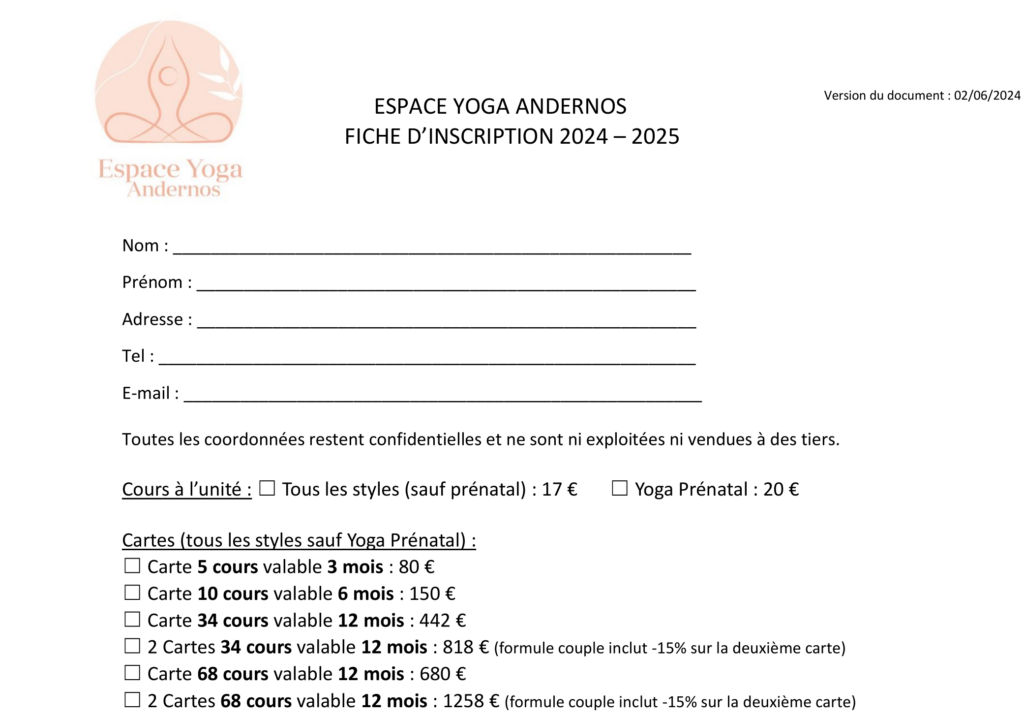 Fiche inscription et Tarifs cours de yoga 2024