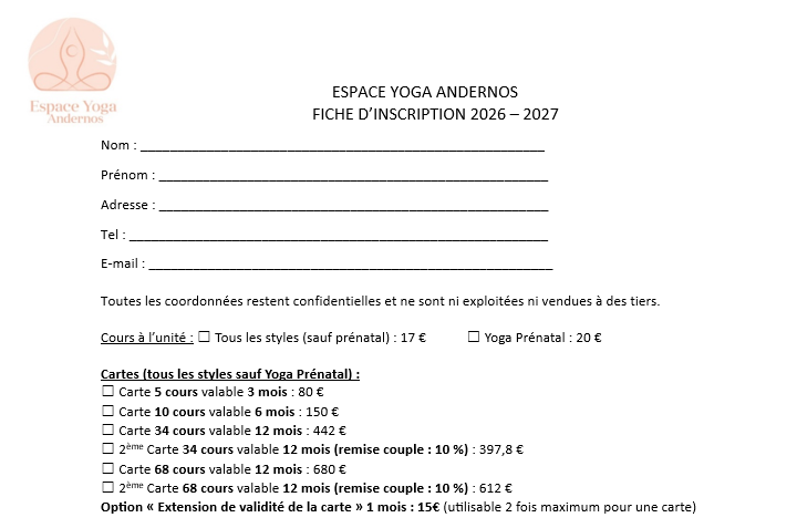 Fiche inscription et Tarifs cours de yoga 2024