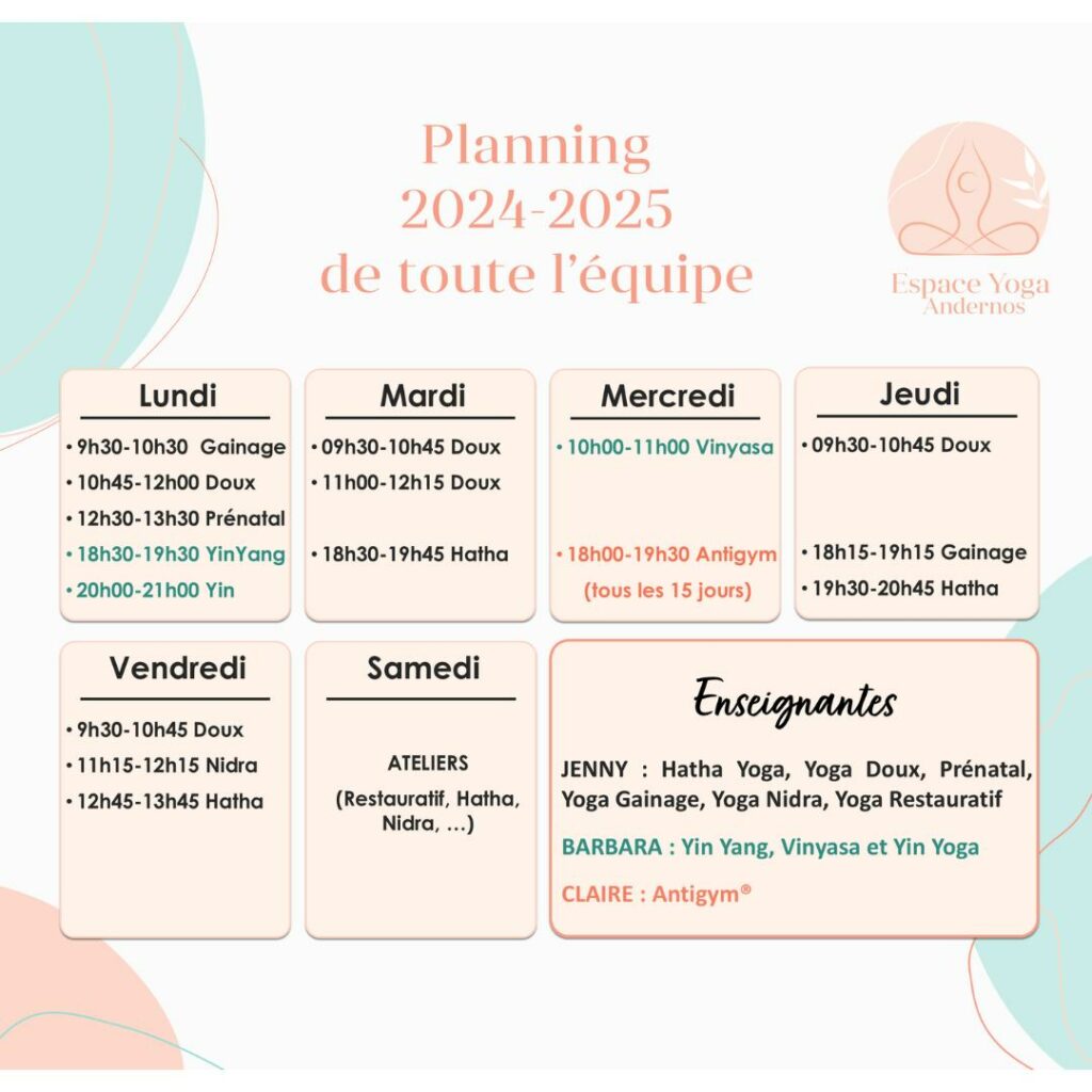 Planning de la rentrée Yoga 2024