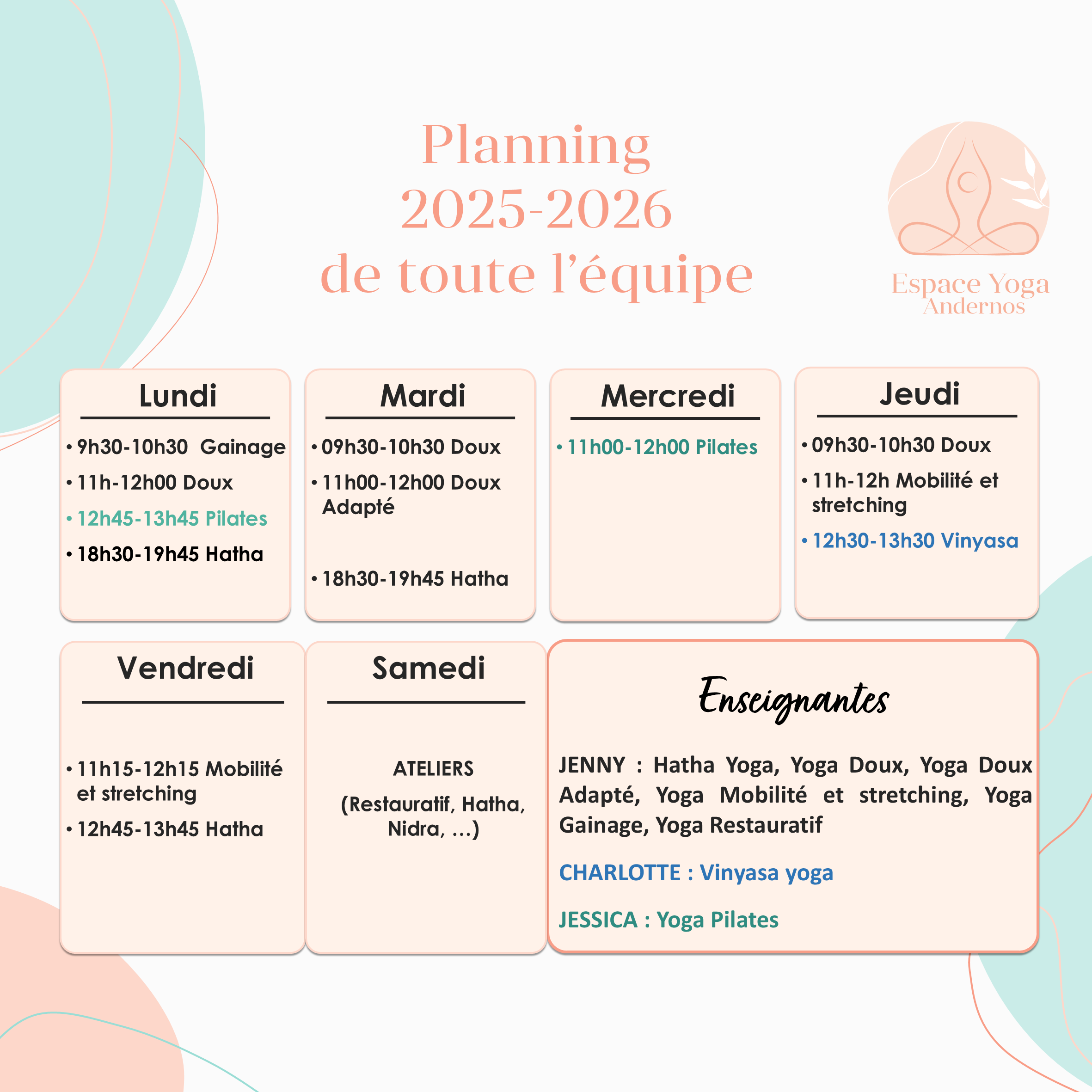 Planning 2025-2026_Equipe enseignantes de yoga au studio Espace Yoga Andernos