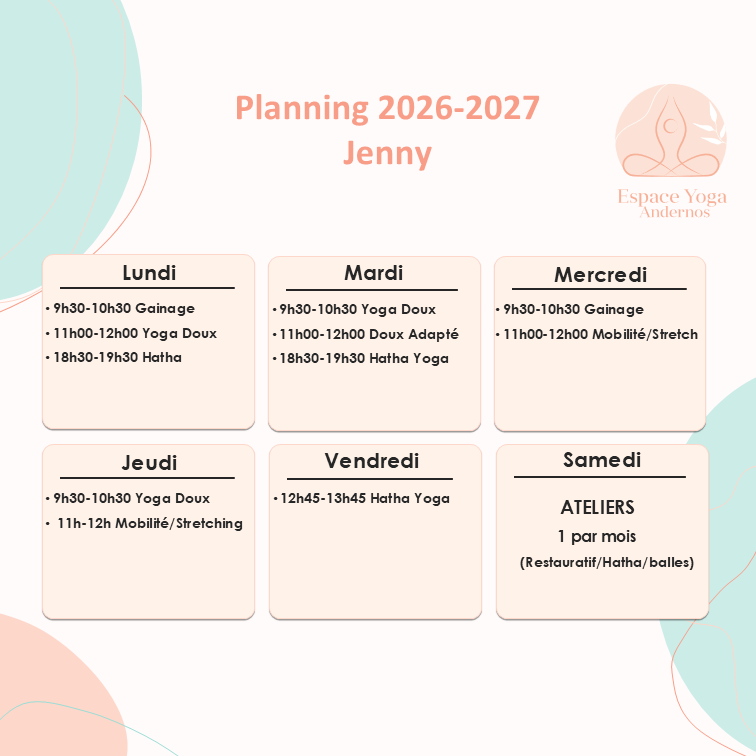 Nouveau planning des cours de Jenny à Andernos-rentrée 2026